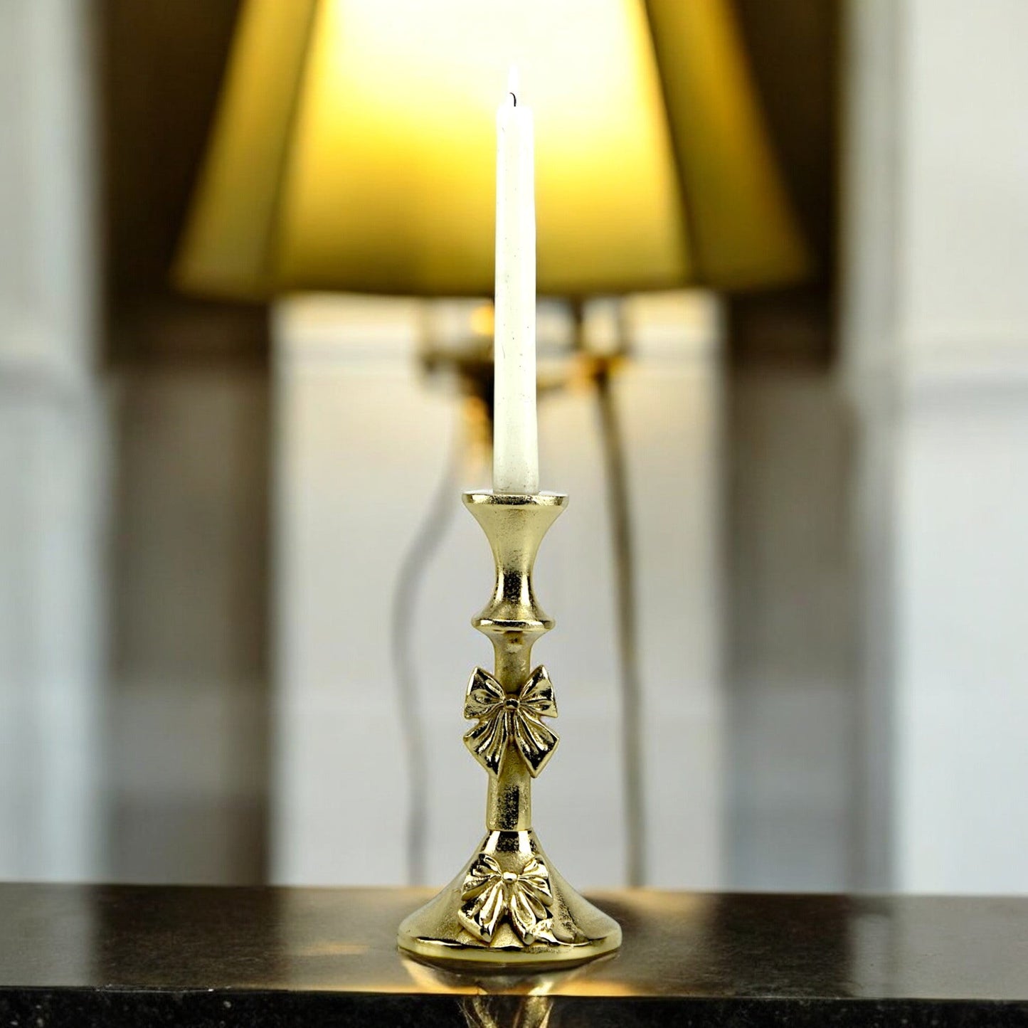 Artisan Golden Aluminum Medium Bow-Decorated Candle Holder | Elegant Home Accent