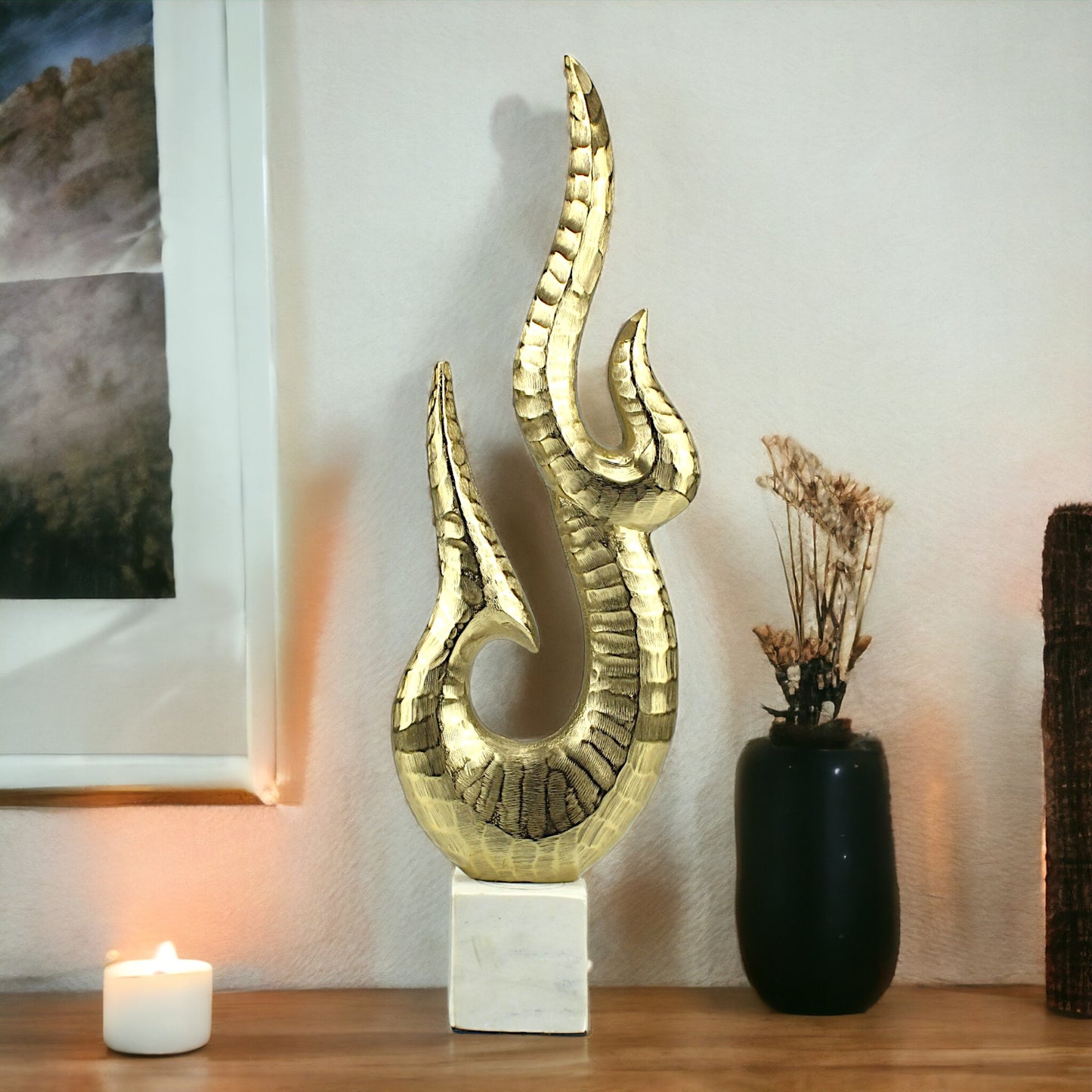Golden Aluminum Handcrafted Fire-Shaped Decor Object: Elegant Accent for Stylish Interiors
