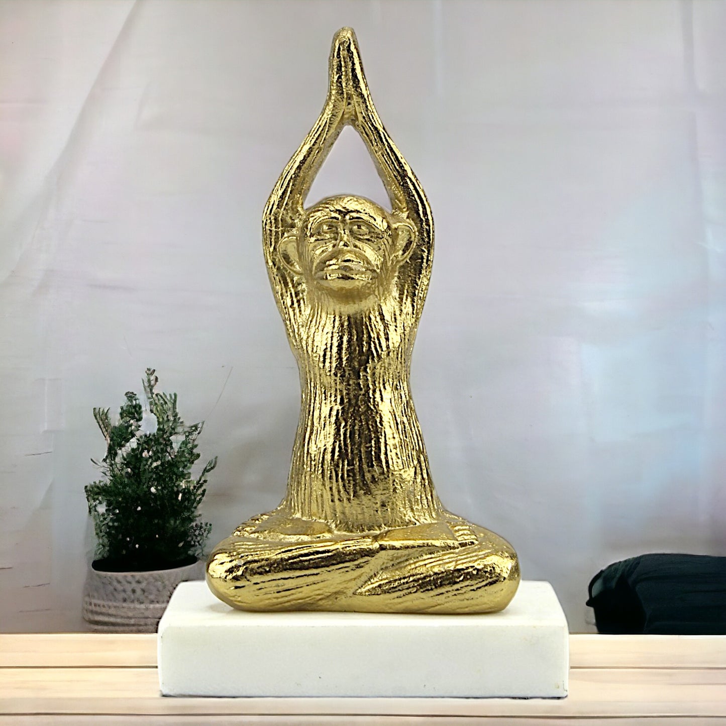 Golden Serenity: Handcrafted Yoga Monkey Sculpture on Marble Base