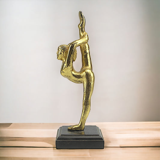 Golden Harmony: Handcrafted Yoga Lady Sculpture on Wood Base
