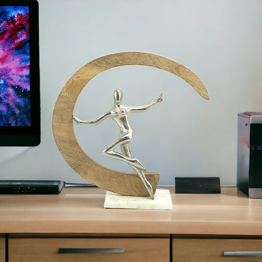 Silver Elegance: Handcrafted Aluminum and Wood Decorative Object on Marble Base