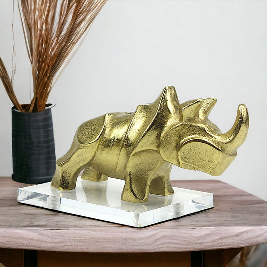 Golden Sentinel: Handcrafted Aluminum Rhinoceros Sculpture on Acrylic Base for Decor