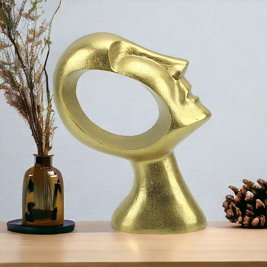 Golden Gaze: Handcrafted Aluminum Human Face Sculpture on Marble Base Ornament
