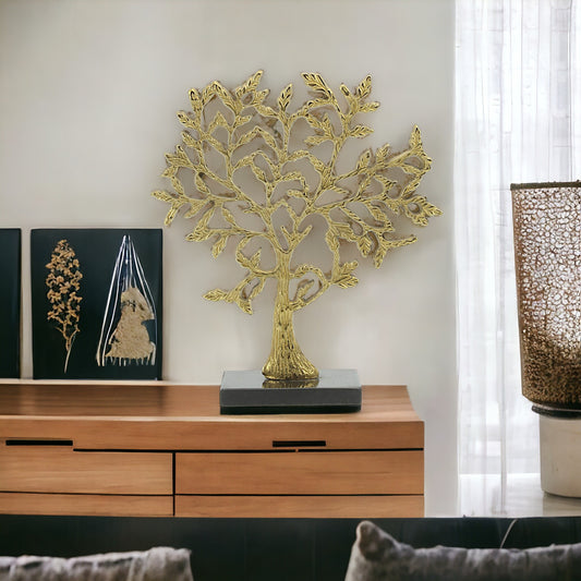 Golden Roots: Handcrafted Aluminum Tree Sculpture on Black Marble Base