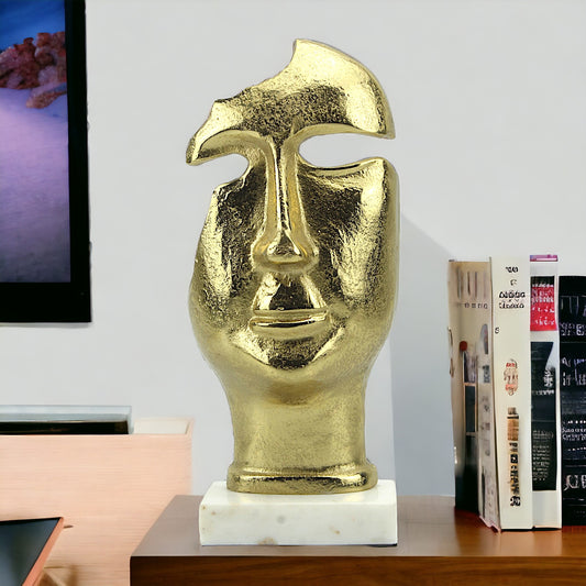 Golden Essence: Handcrafted Aluminum Human Face Decorative Sculpture on White Marble Base