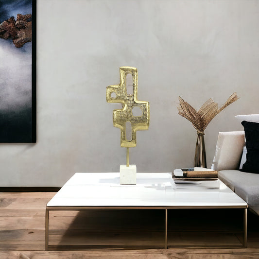 Golden Fusion: Handcrafted Aluminum Abstract Sculpture Ornament on White Marble Base