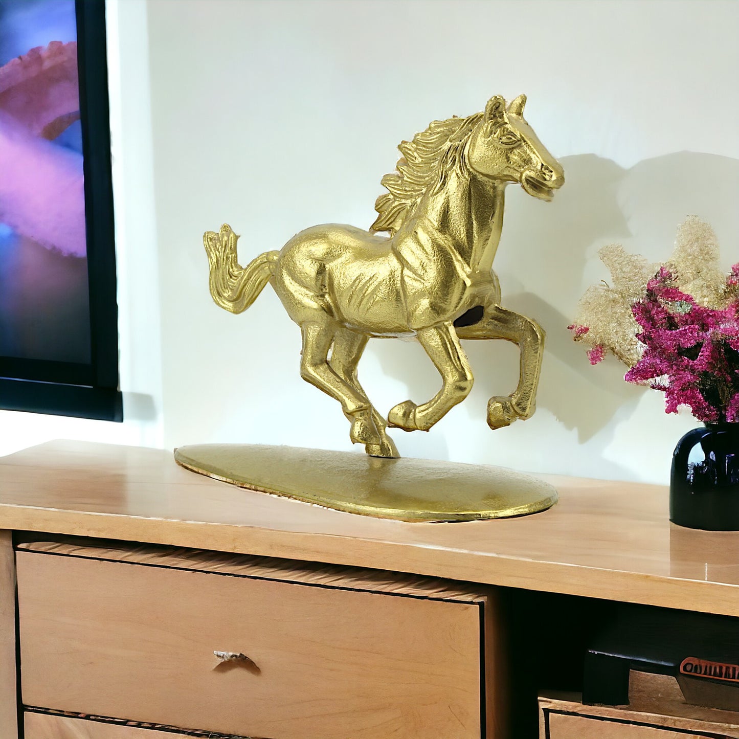 Golden Aluminum Running Horse Sculpture: Handcrafted Ornament for Timeless Elegance