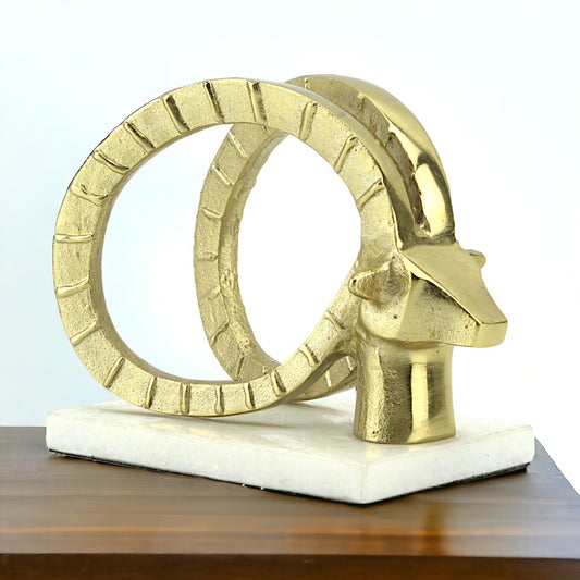 Golden Aluminum Longhorn Deer Ornament: Handcrafted Art on White Marble Base