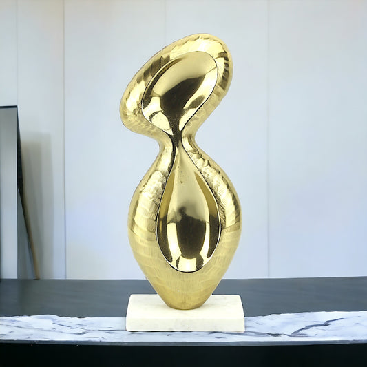 Golden Aluminum Abstract Sculpture: Handcrafted Art on White Marble Base