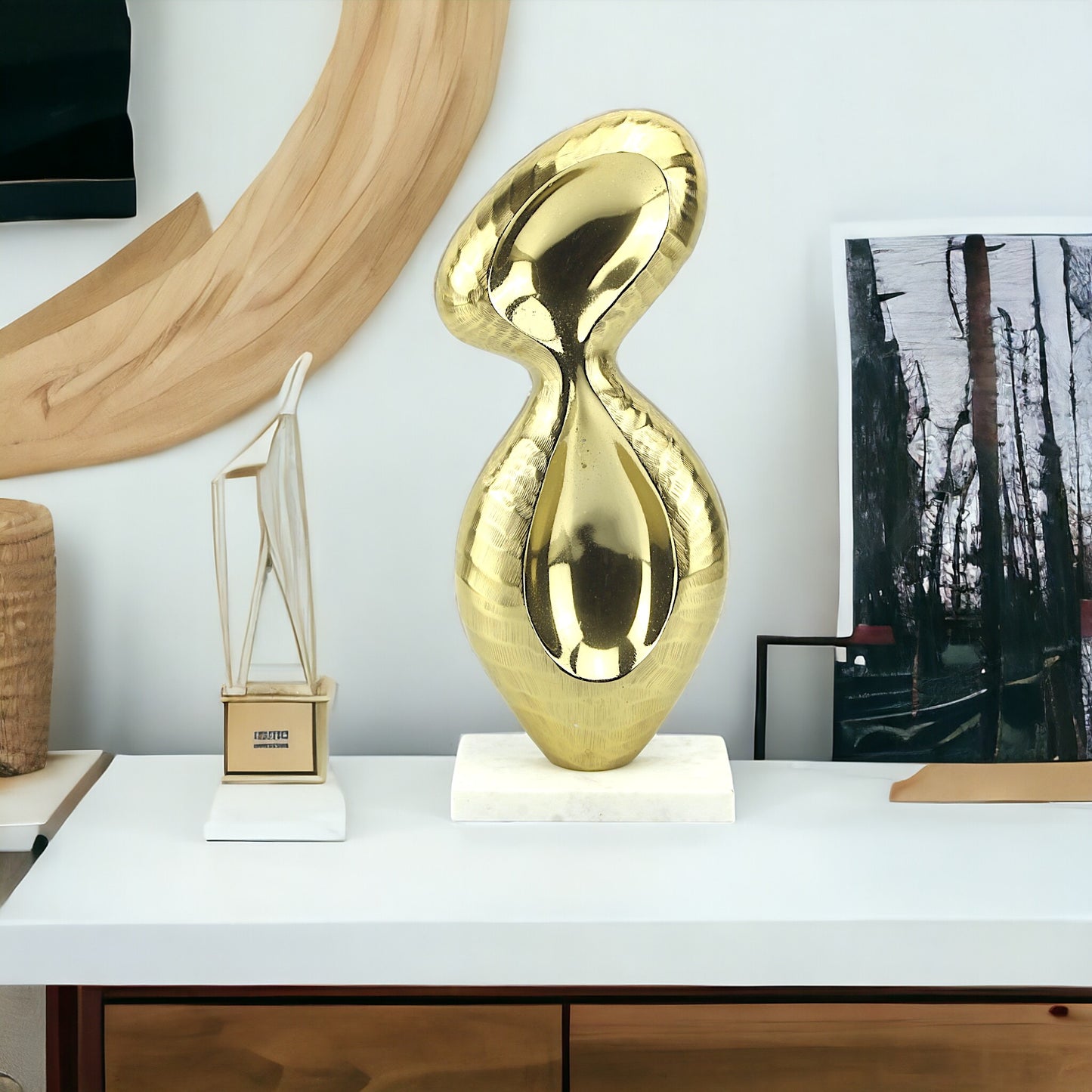Golden Aluminum Abstract Sculpture: Handcrafted Art on White Marble Base