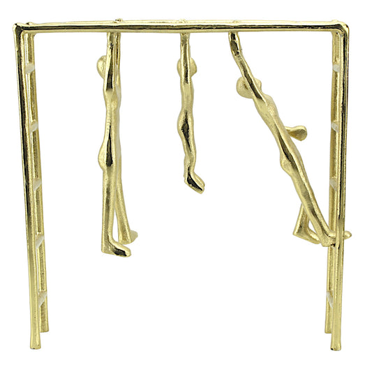 Handcrafted Golden Aluminum Trio Hanging from Ladder Sculpture