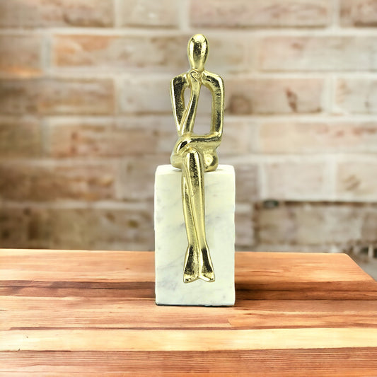 Handcrafted Golden Aluminum Sitting Lady Sculpture on Marble Base: Elegant Home Decor Accent