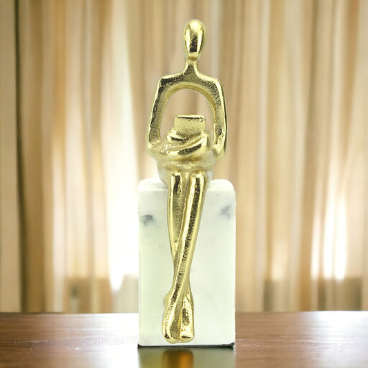 Golden Aluminum Sitting Lady Sculpture with Book: Handcrafted Elegance on White Marble Base