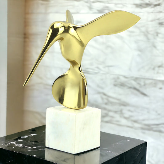 Golden Aluminum Long Beak Bird Sculpture: Handcrafted Avian Elegance on White Marble Base
