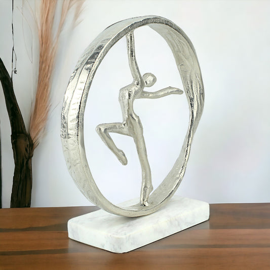 Silver Sonata: Handcrafted Aluminium Dancing Lady in Circle Sculpture on White Marble Base