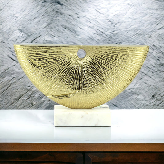 Golden Radiance: Handcrafted Aluminium Abstract Sculpture on White Marble Base