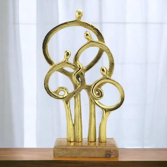 Golden Bond: Handcrafted Aluminium Family Sculpture on Wood Base