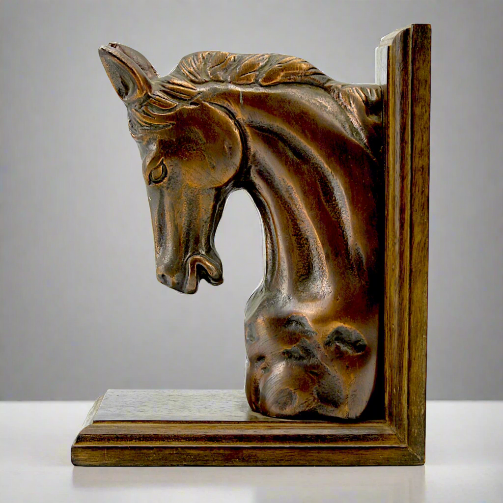 An aluminum horse head sculpture bookend with a bronze finish, positioned vertically on a light background.