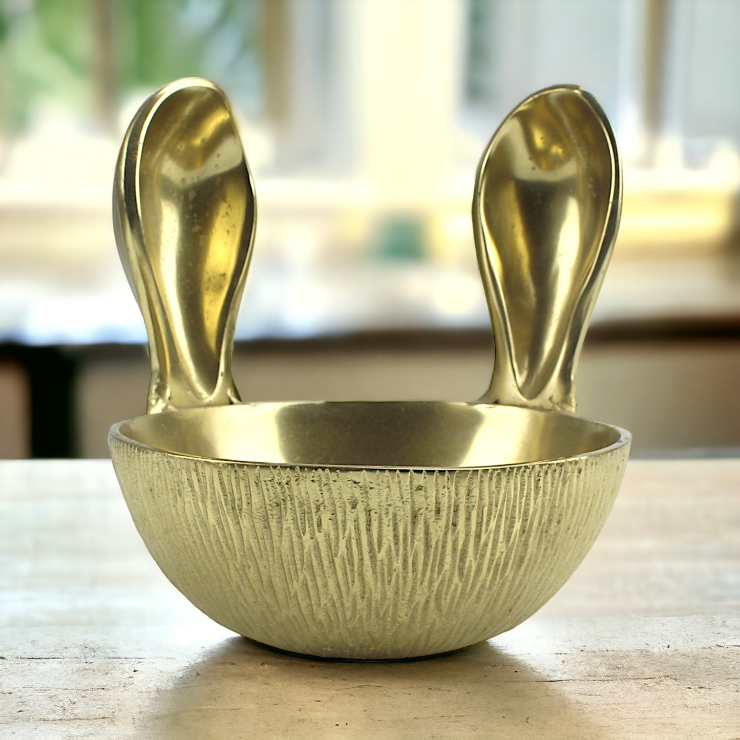 Artisan-Crafted Golden Aluminum Bowl with Delightful Bunny Ears Handle - Add Whimsical Sophistication to Your Space!