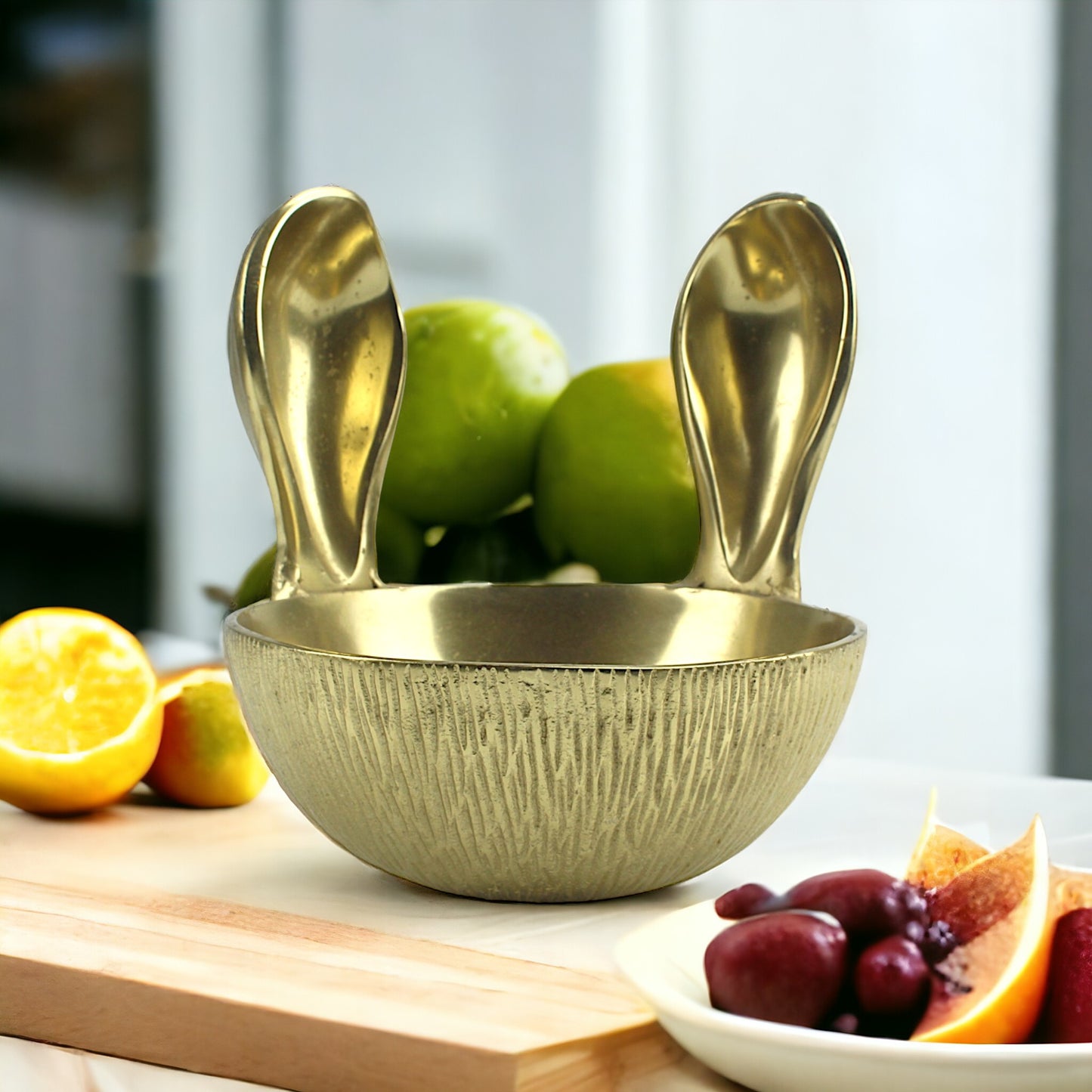 Artisan-Crafted Golden Aluminum Bowl with Delightful Bunny Ears Handle - Add Whimsical Sophistication to Your Space!