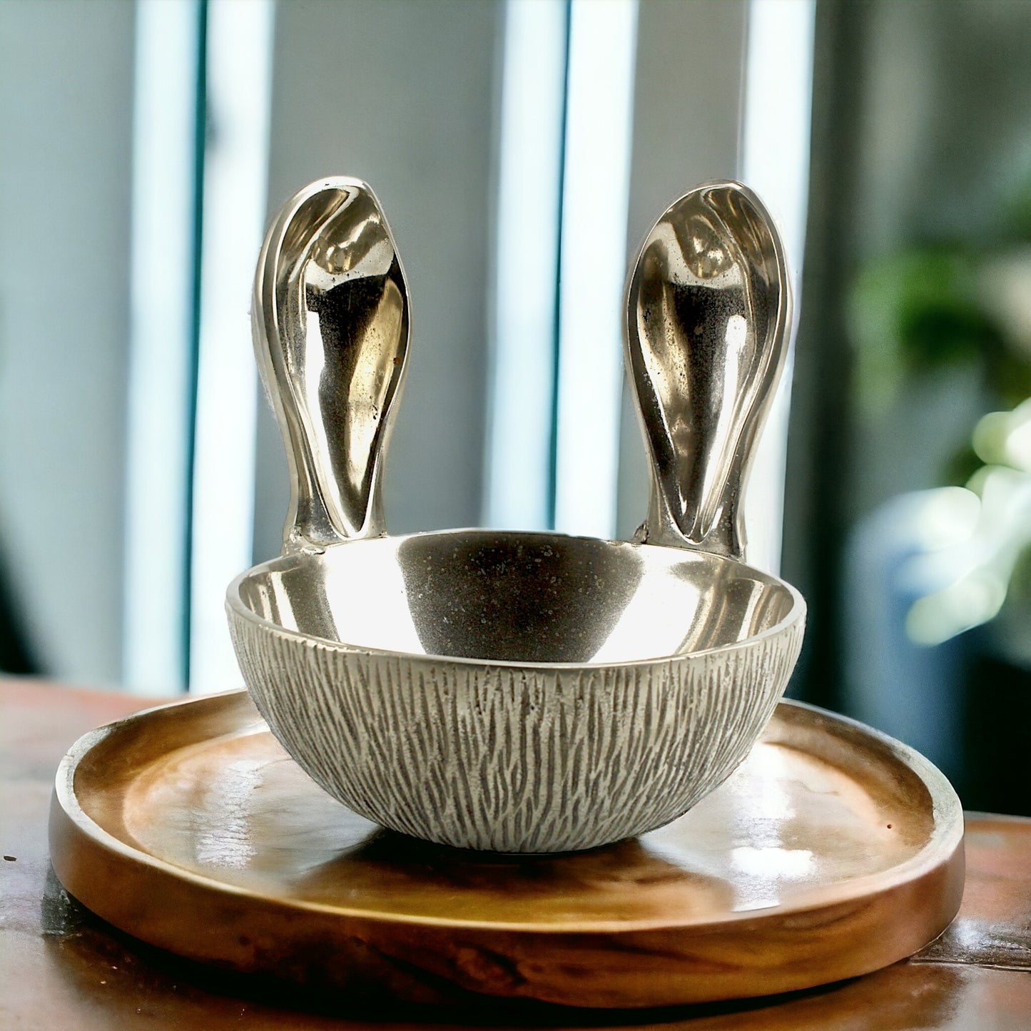 Artisan-Crafted Silver Aluminum Bowl with Delightful Bunny Ears Handle