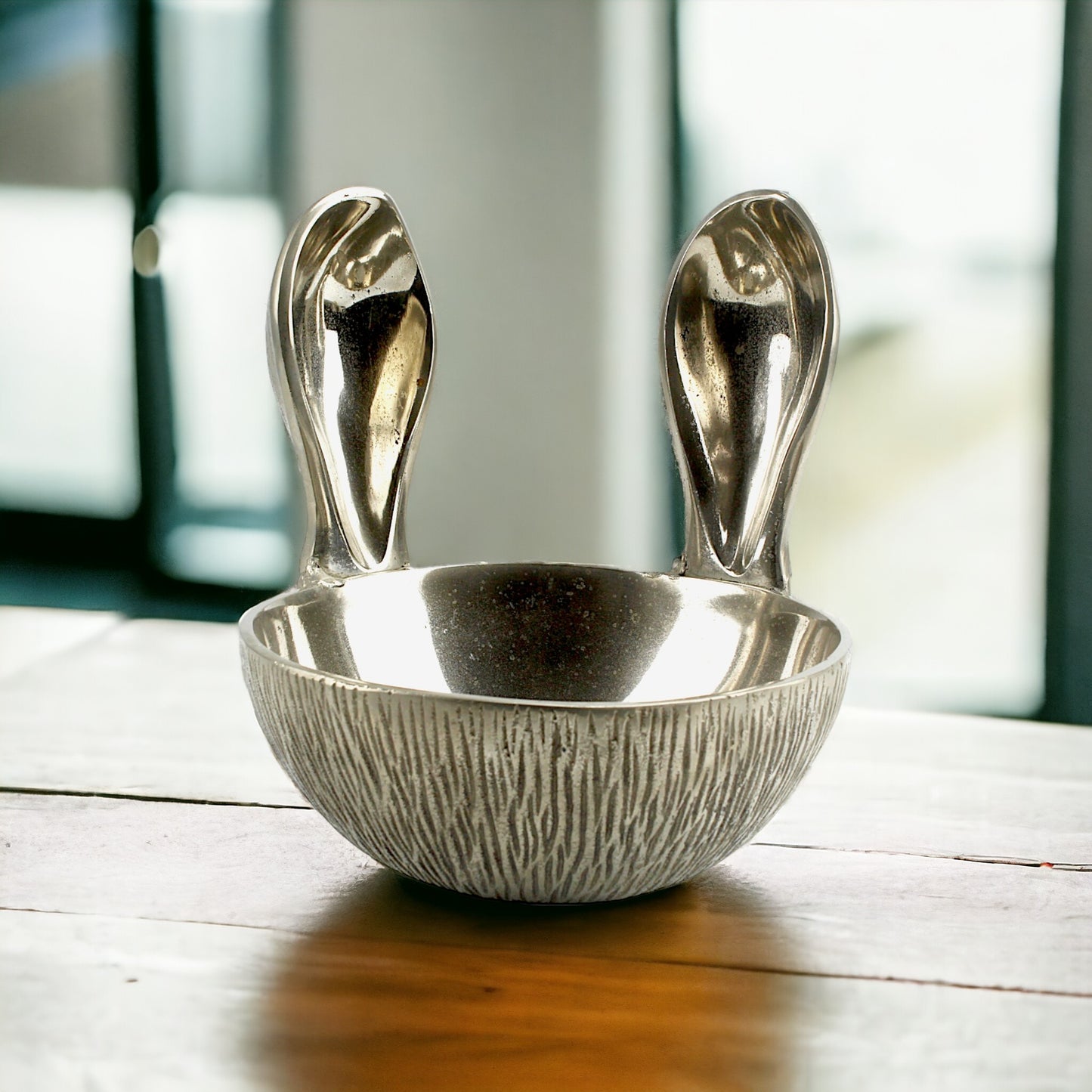 Artisan-Crafted Silver Aluminum Bowl with Delightful Bunny Ears Handle