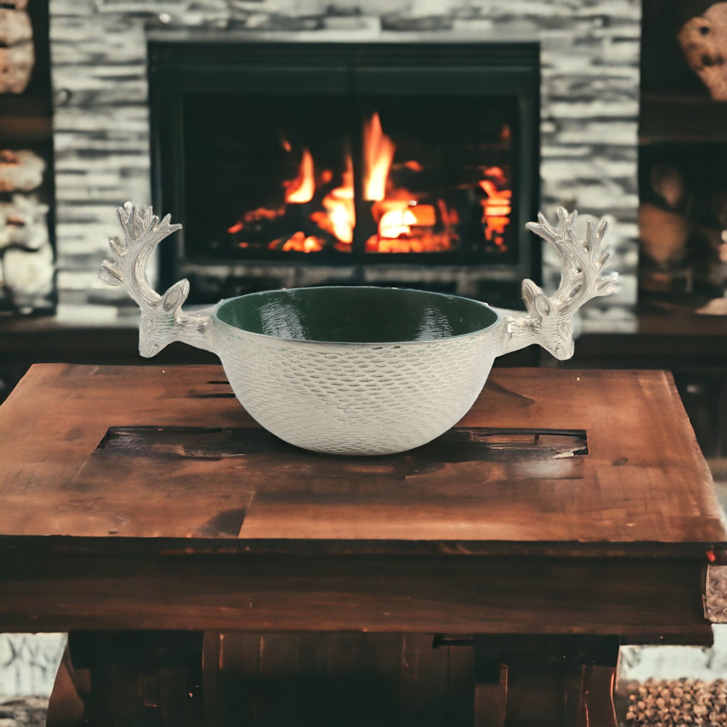 Silver Stag Head Handcrafted Aluminium Serving Bowl: Rustic Charm for Your Table