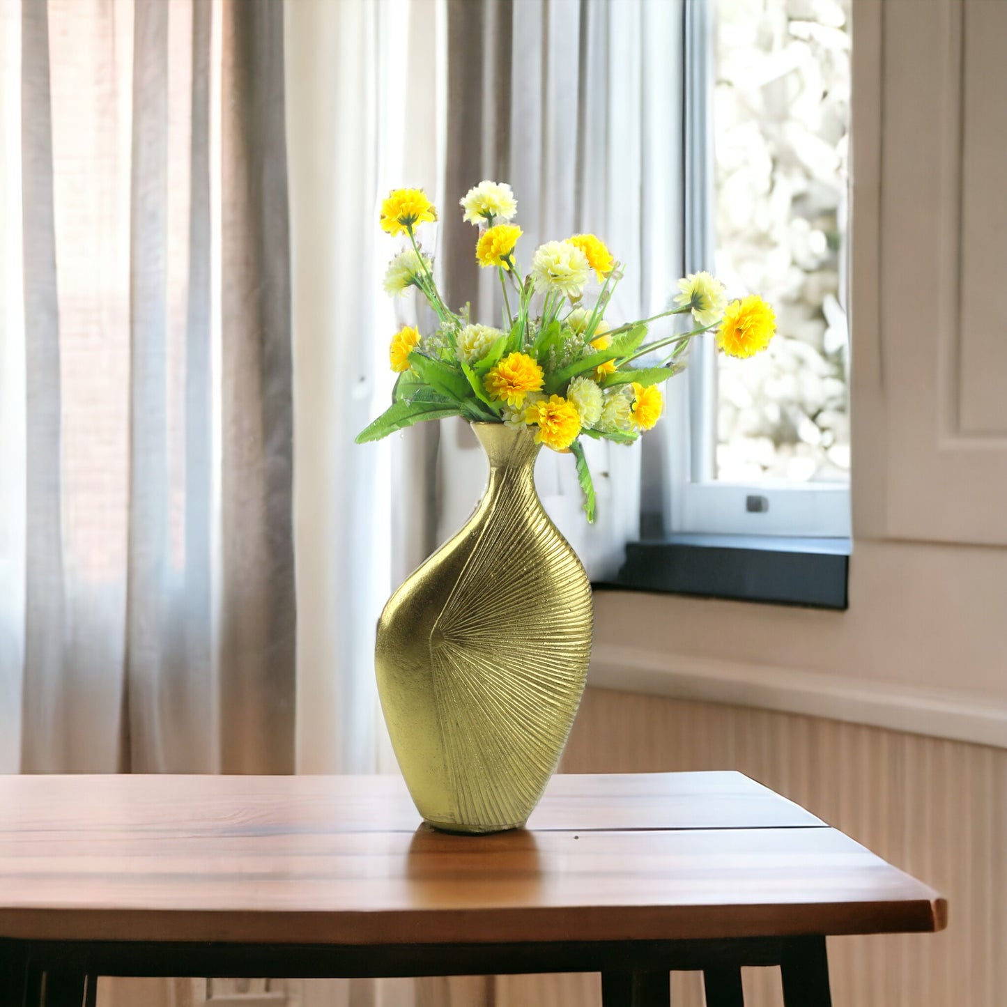 Handcrafted Golden Aluminium Curved Flower Vase: Artisanal Elegance for Distinctive Floral Arrangements