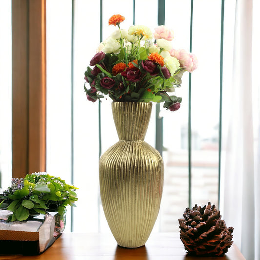 Handcrafted Ribbed Golden Aluminium Flower Vase: Unique Texture for Elegant Floral Displays