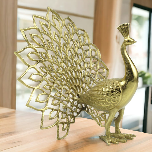 Handcrafted Golden Aluminum Peacock Sculpture: Elegant Home Décor Accent