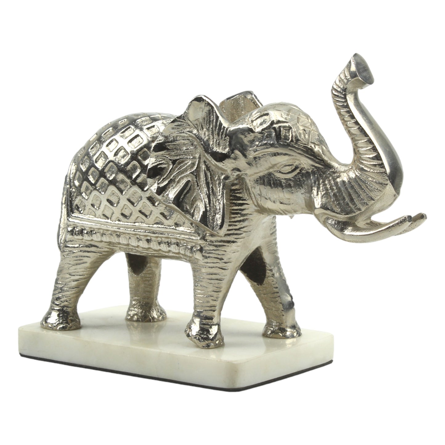 Handcrafted Silver Aluminum Elephant Sculpture on Marble Base: Majestic Ornament for Home Décor