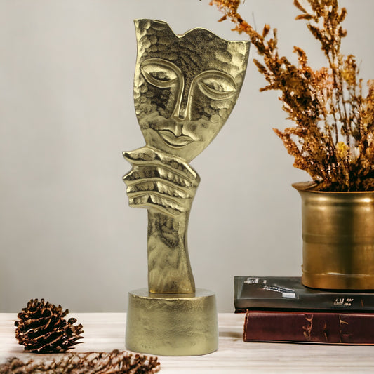 Handcrafted Golden Aluminum Human Face Sculpture: Striking Ornament for Contemporary Décor
