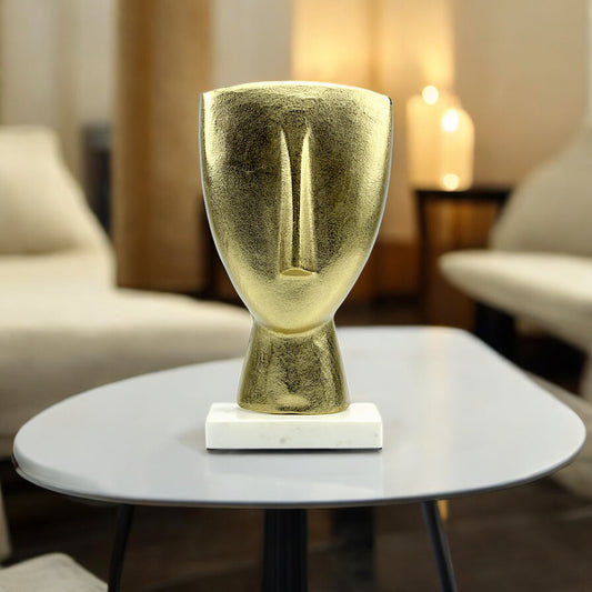 Handcrafted Golden Aluminum Face on Marble Base Sculpture: Unique Ornament for Elegant Décor