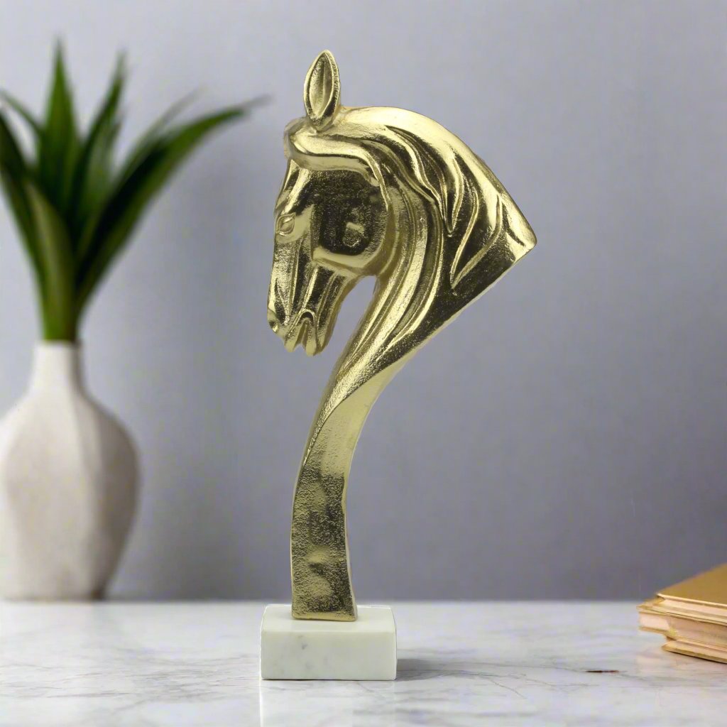 Handcrafted Golden Aluminum Horse Head Statue Figurine on Marble Base: Timeless Artistry for Home Decor