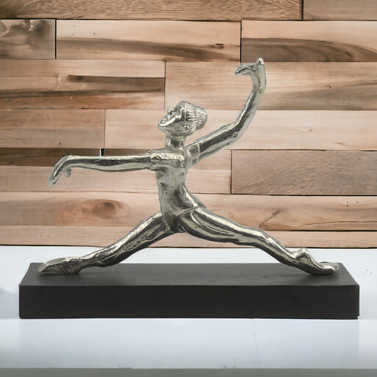 Handcrafted Silver Lady Yoga Sculpture: Elegant Ornament on Black Wood Base