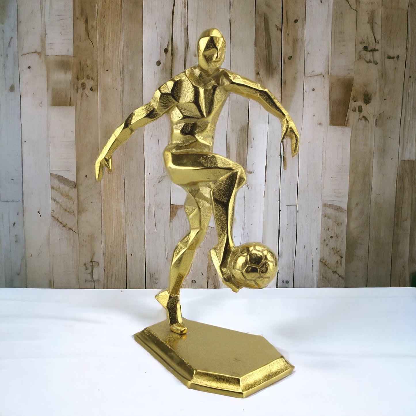 Handcrafted Golden Aluminium Football Player Ornament: Decorative Home Accent