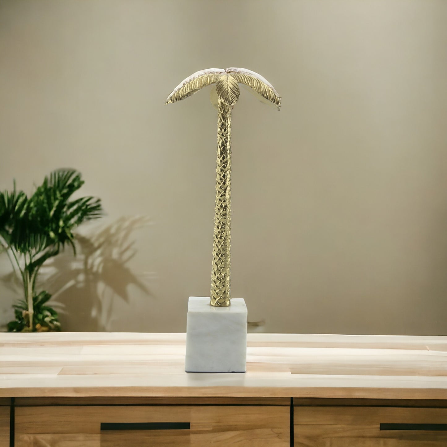 Golden Aluminum Handcrafted Coconut Tree on Marble Base: Elegant Sculptural Ornament