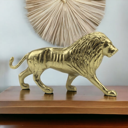 Handcrafted Golden Aluminium Walking Lion Sculpture: Majestic Decor Accent