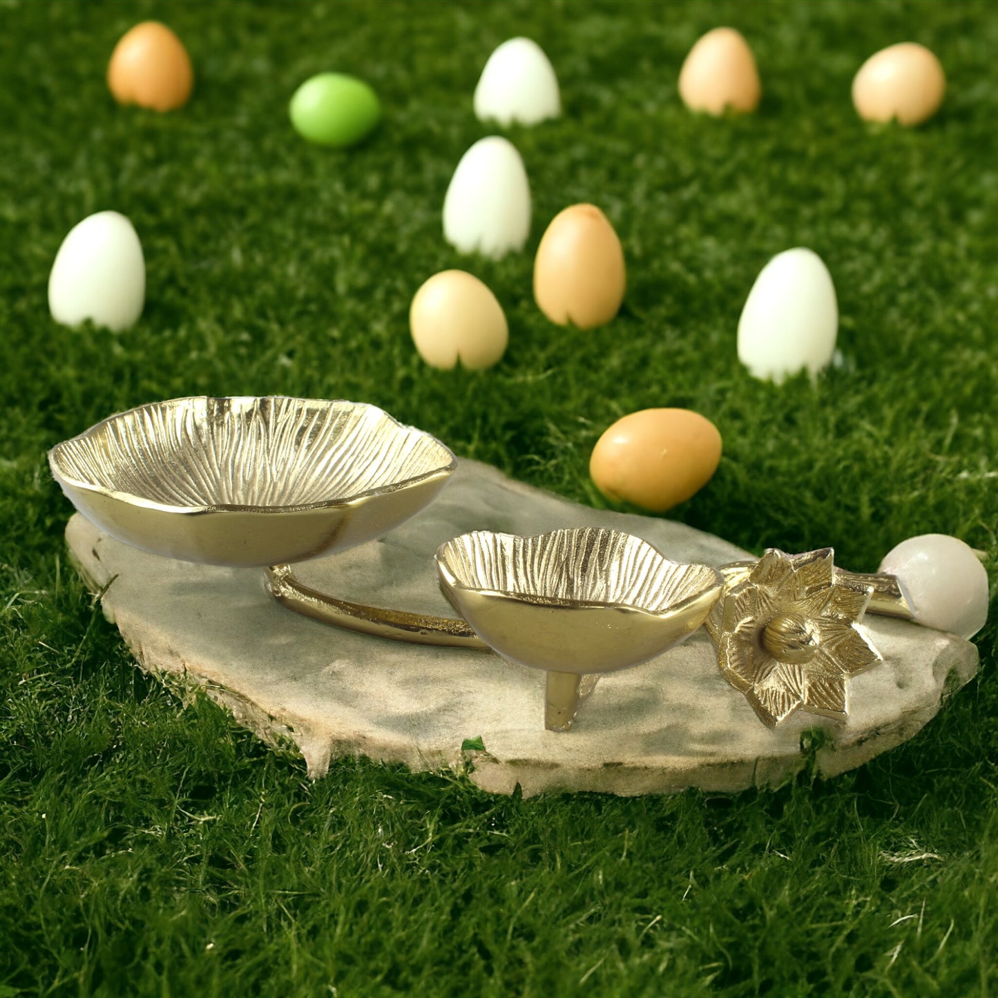 Aluminum Flower Golden Double Bowl on Leaf - Artisanal Home Décor Accent