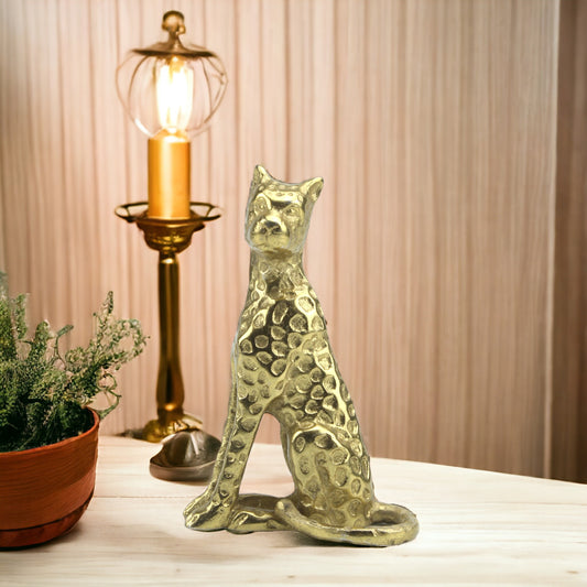 Handcrafted Golden Aluminum Seated Tiger Sculpture: Majestic Decor Ornament