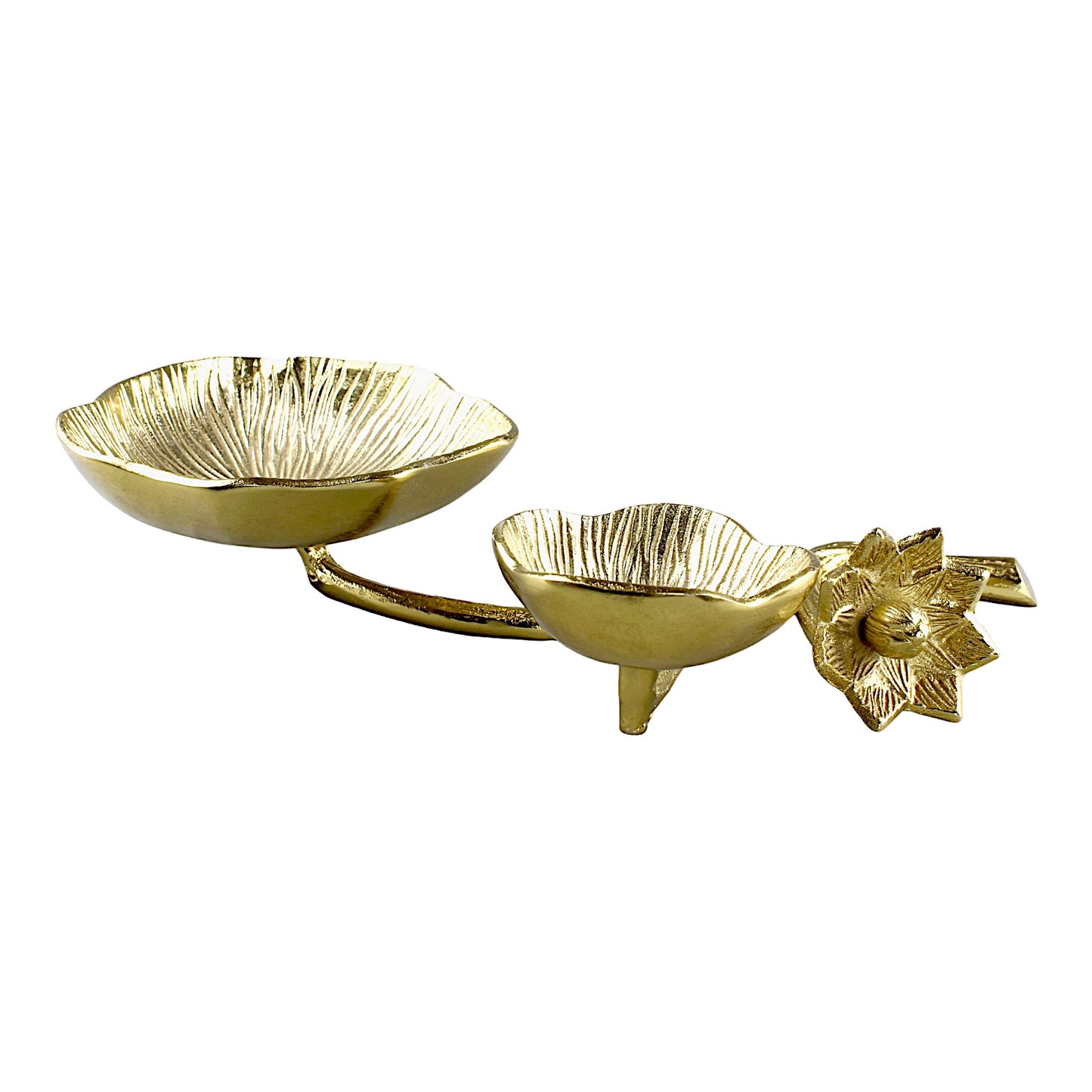 Aluminum Flower Golden Double Bowl on Leaf - Artisanal Home Décor Accent
