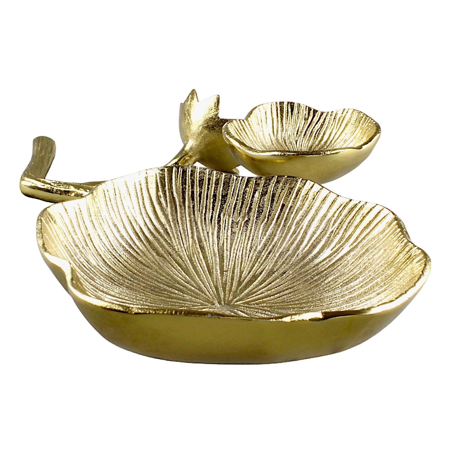 Aluminum Flower Golden Double Bowl on Leaf - Artisanal Home Décor Accent