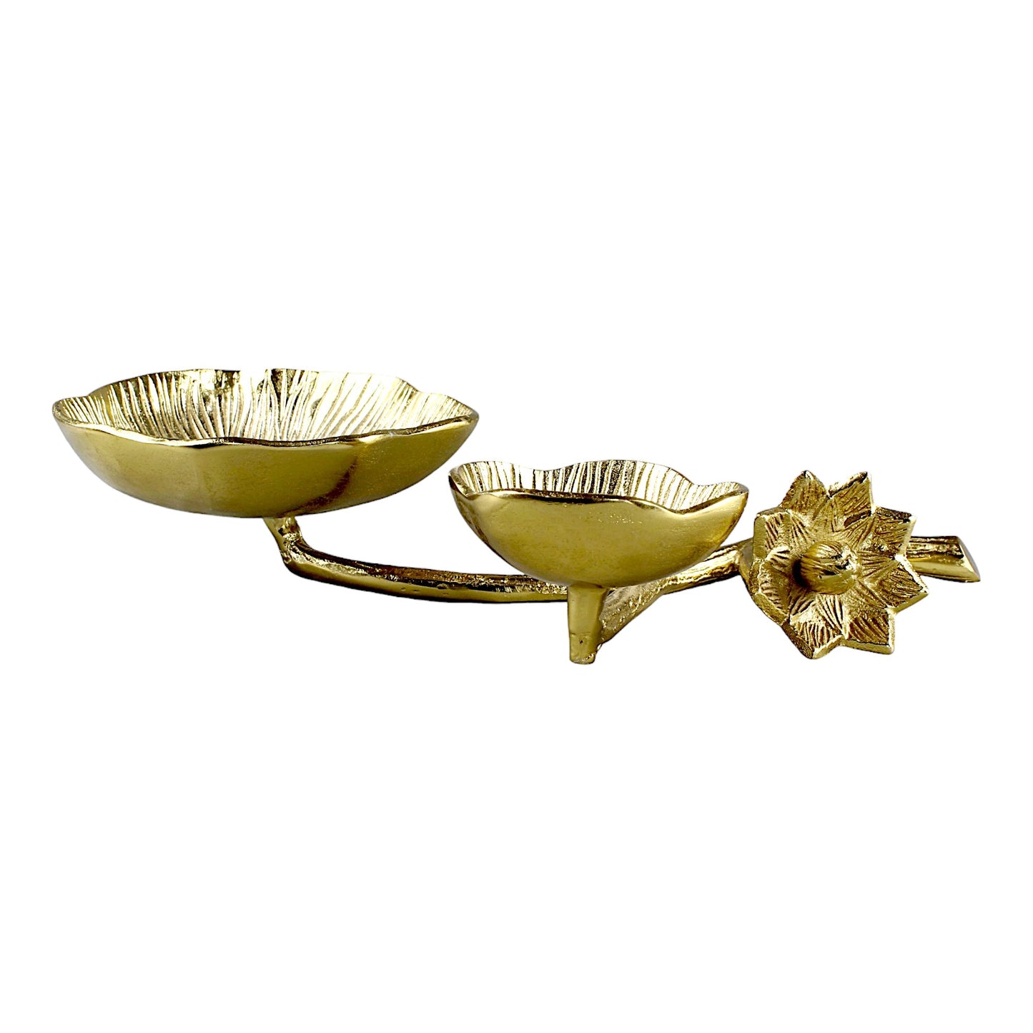 Aluminum Flower Golden Double Bowl on Leaf - Artisanal Home Décor Accent