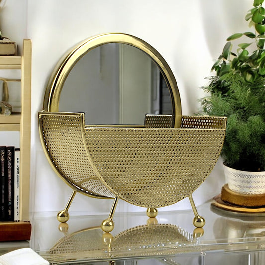 A Round Vanity Mirror in Metal Frame Basket