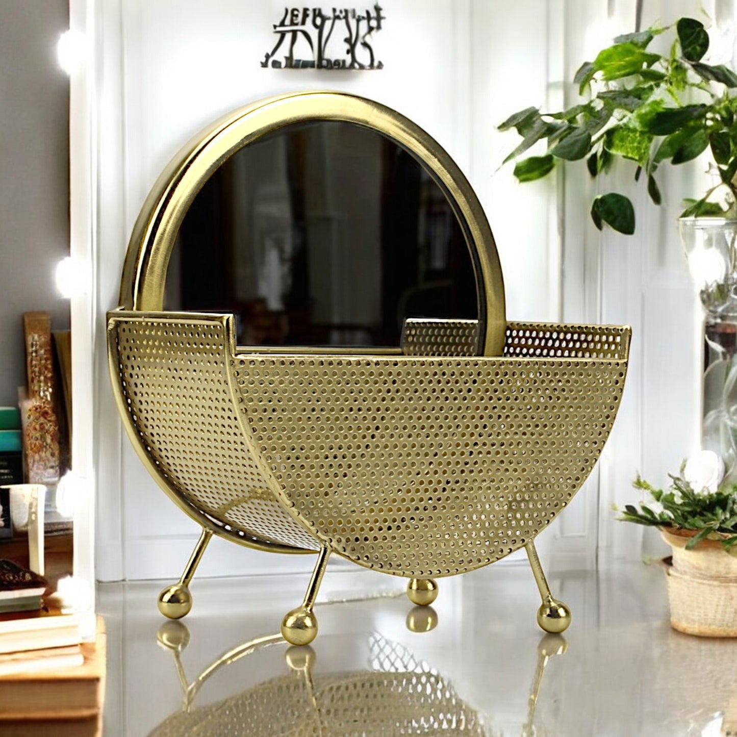 A Round Vanity Mirror in Metal Frame Basket