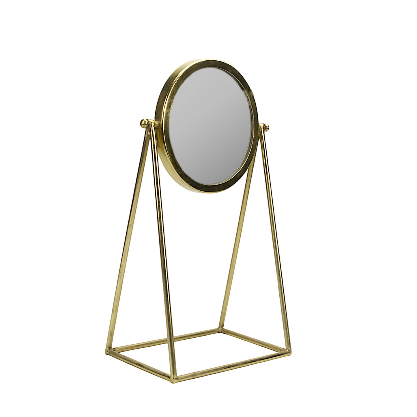A Round Rotatable Vanity Mirror in Metal Frame with Metal Stand