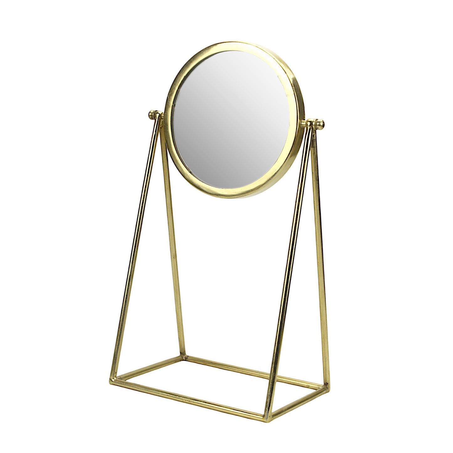 A Round Rotatable Vanity Mirror in Metal Frame with Metal Stand