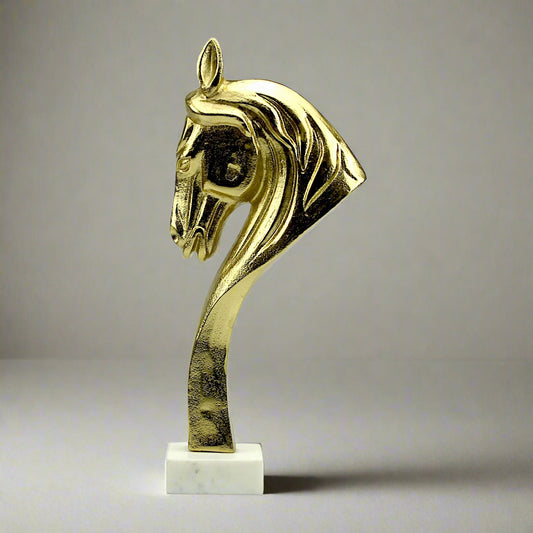 Handcrafted Golden Aluminum Horse Head Statue Figurine on Marble Base: Timeless Artistry for Home Decor