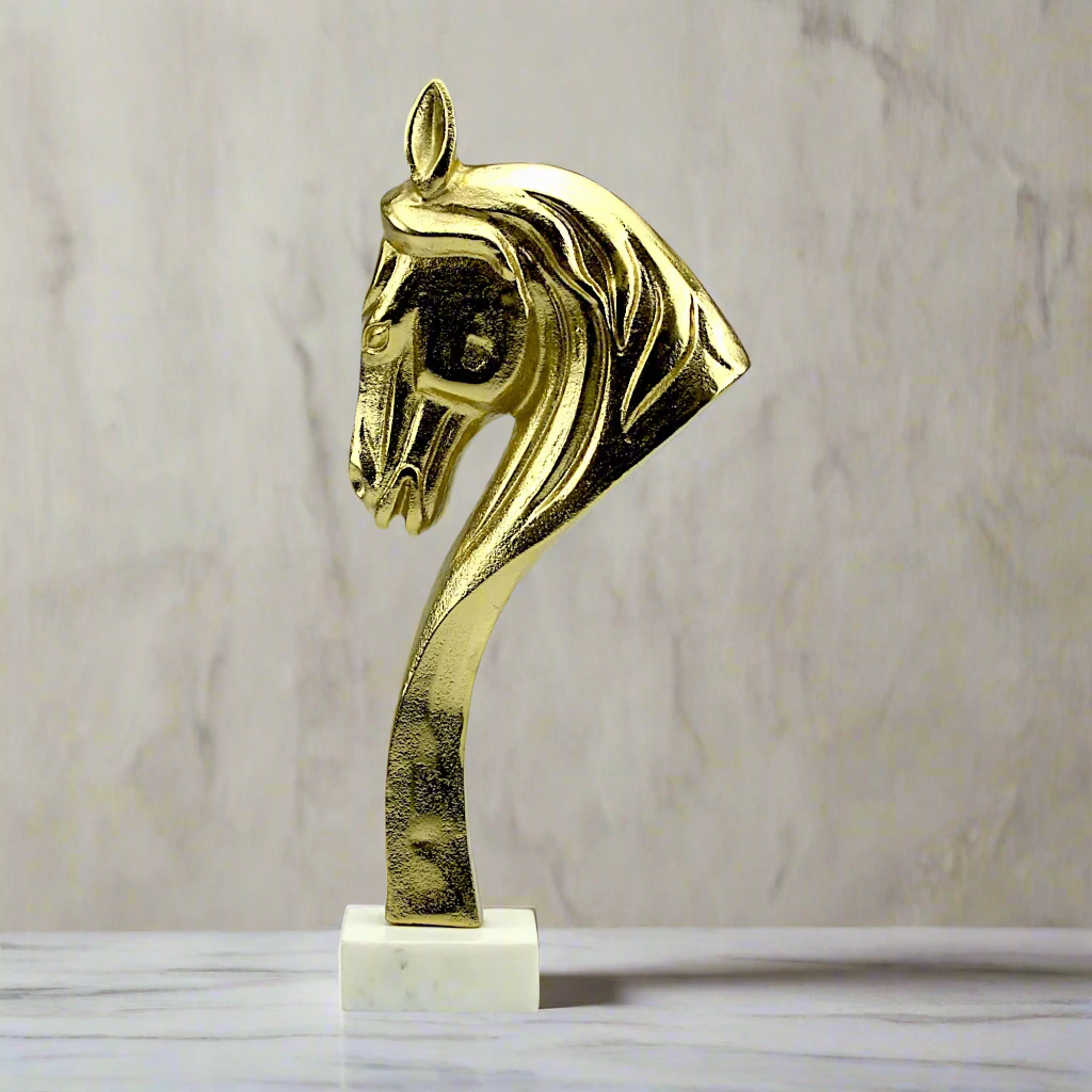 Handcrafted Golden Aluminum Horse Head Statue Figurine on Marble Base: Timeless Artistry for Home Decor