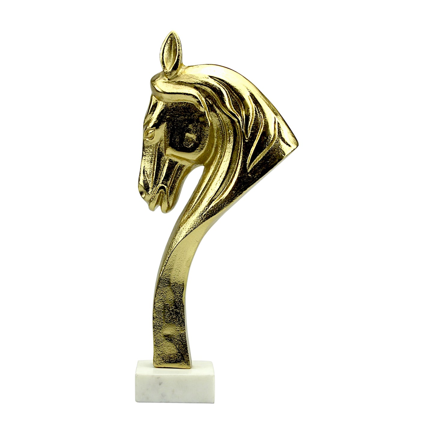 Handcrafted Golden Aluminum Horse Head Statue Figurine on Marble Base: Timeless Artistry for Home Decor